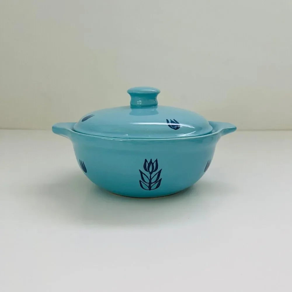 CRONIN POTTERY Dutch Blue Tulip Individual Covered Casserole Dish Bean Pot 1.5Qt